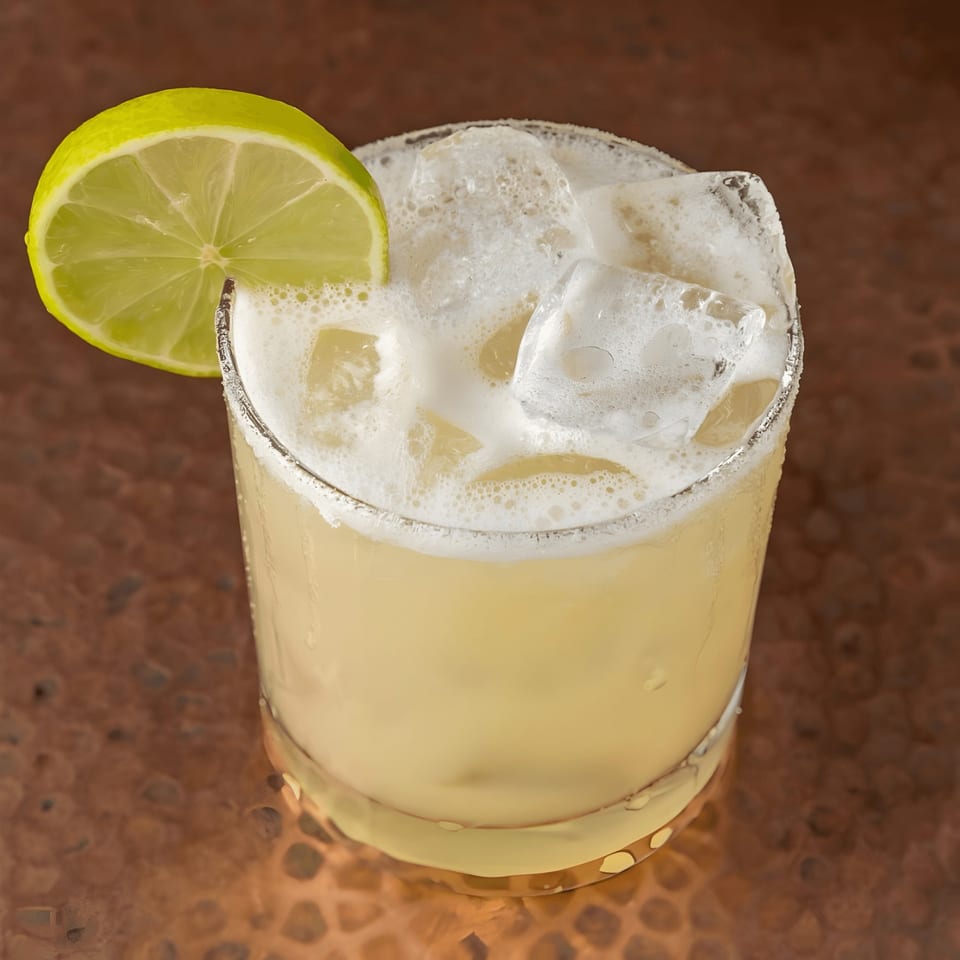 A refreshing Buenatarde Tequila y Mezcal margarita with ice, foam, and a lime wedge on a copper surface.