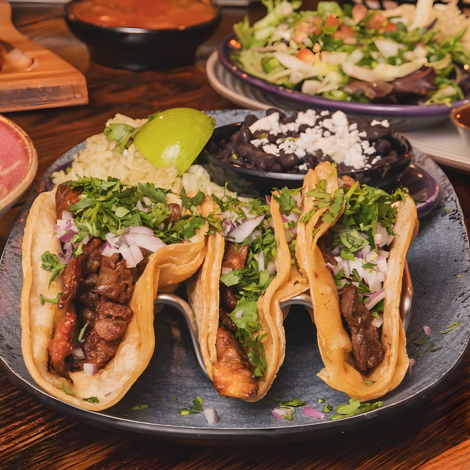Three Buenatarde Tequila y Mezcal tacos with rice, black beans, and a side salad.